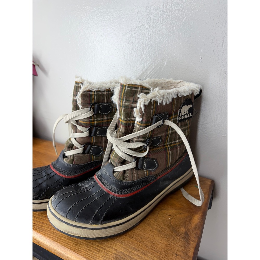 Sorel Winter Carnival Waterproof Plaid Snow Boots Brown Black NL1485-8 Women 8